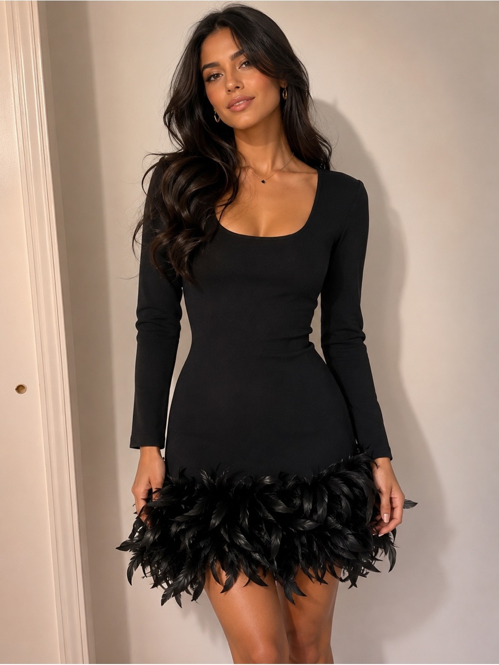 Chic Black Feathered Mini Dress